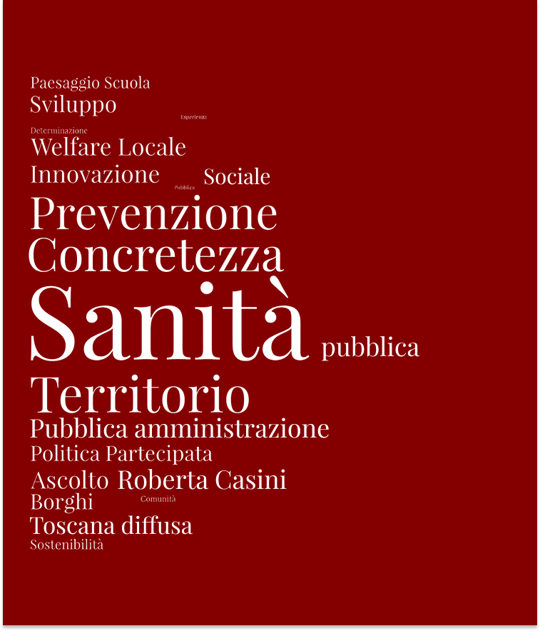 Programma di Roberta Casini Sanità – Sociale – Welfare – Scuola e Formazione – Sviluppo – Imprese – Turismo – Lavoro – Trasporti e Infrastrutture – Agricoltura